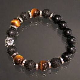 BRACELET HOMME 10MN : OEIL DU TIGRE, ONYX, PIERRE DE LAVE, BOUDDHA