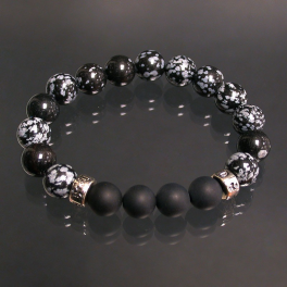 Bracelet homme obsidienne noire/neige+onyx dépoli  10mm