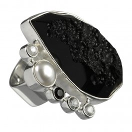 Bague Tektite, Topaze blanche, Spinelle noir, Perle Argent 925