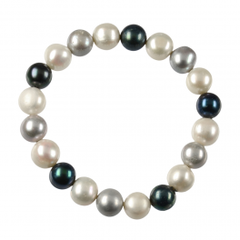 Bracelet blanc perle / argent / pétrole, perle 10-11mm