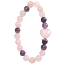 Bracelet Quartz Rose et Améthyste Perles rondes 8 mm et Perle coeur 1,5 cm