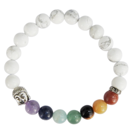 Bracelet 7 Chakras Howlite Blanche Perles rondes Bouddha 8 mm