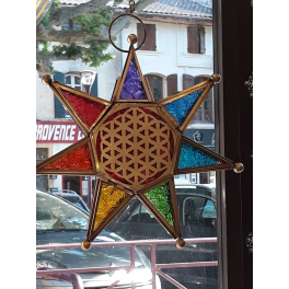 Lanterne orientale avec 7 couleurs de verre de chakra et fleur de vie